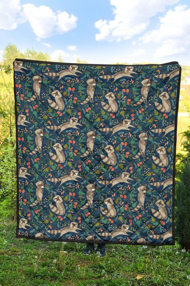 Raccoon Tropical Leaves Pattern Premium Quilt