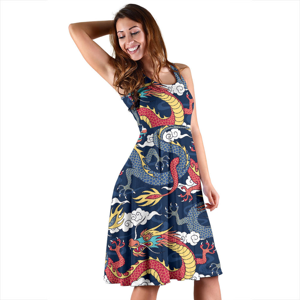 Blue Red Dragon Cloud Pattern Sleeveless Midi Dress
