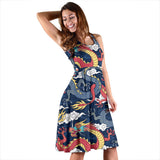 Blue Red Dragon Cloud Pattern Sleeveless Midi Dress