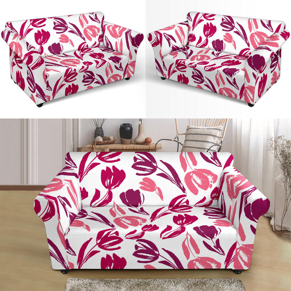 Pink Sketch Tulip Pattern Loveseat Couch Slipcover