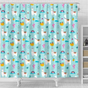 Llama Alpaca Cactus Leaves Pattern Shower Curtain Fulfilled In US