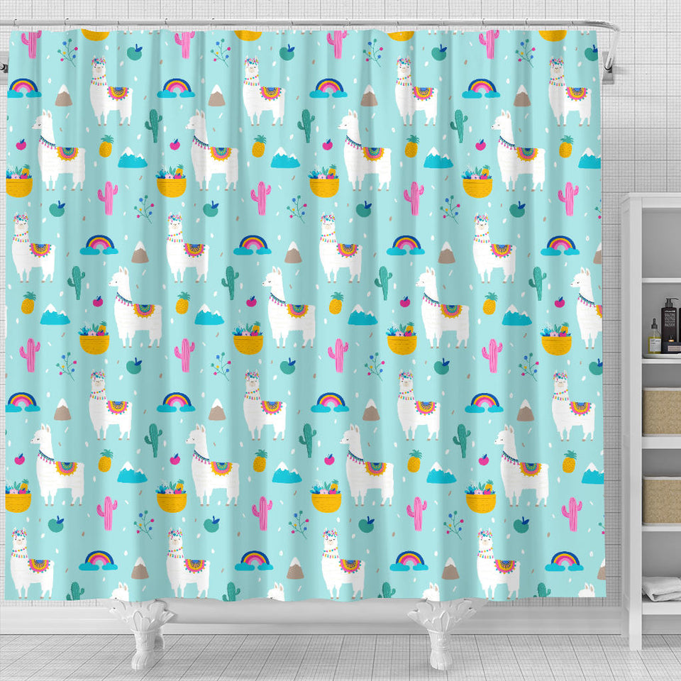 Llama Alpaca Cactus Leaves Pattern Shower Curtain Fulfilled In US