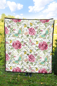 Hand Drawn Butterfly Rose Premium Quilt