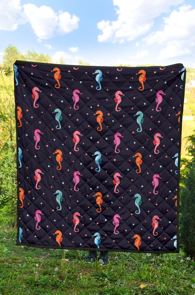 Watercolor Colorful Seahorse Pattern Premium Quilt