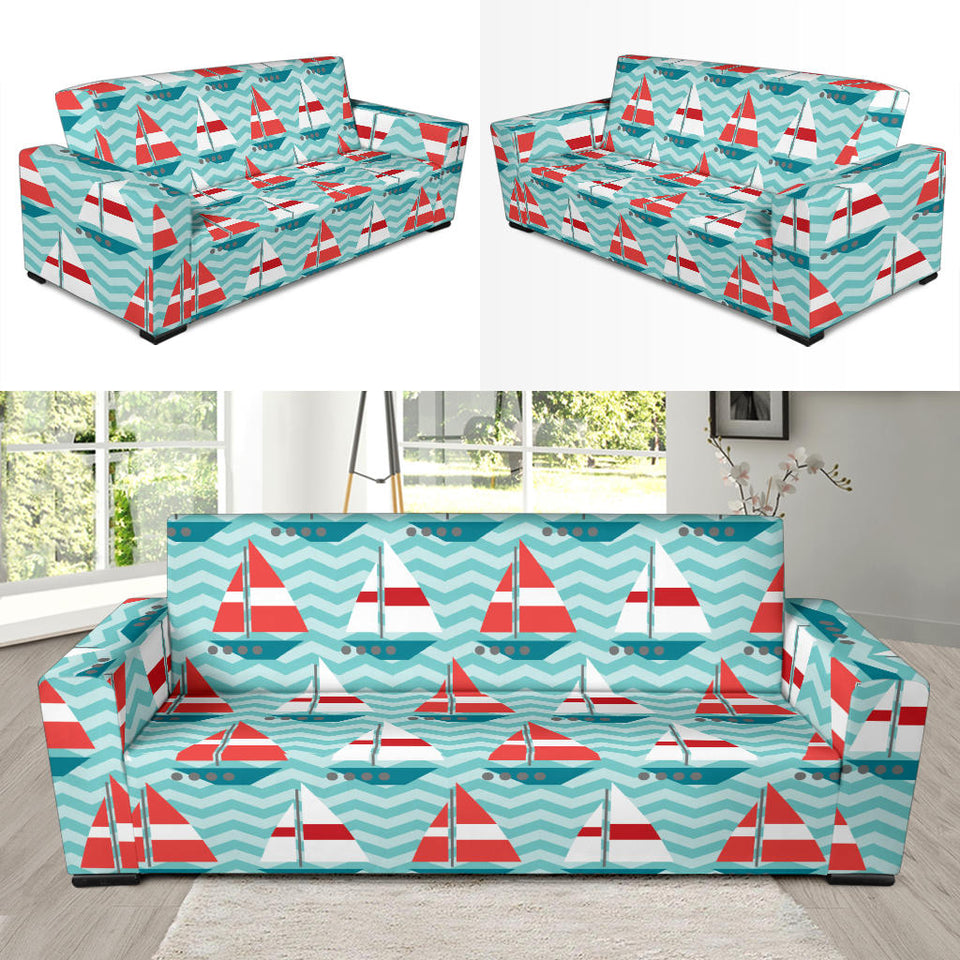 Red White Sailboat Wave Background Sofa Slipcover