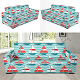 Red White Sailboat Wave Background Sofa Slipcover