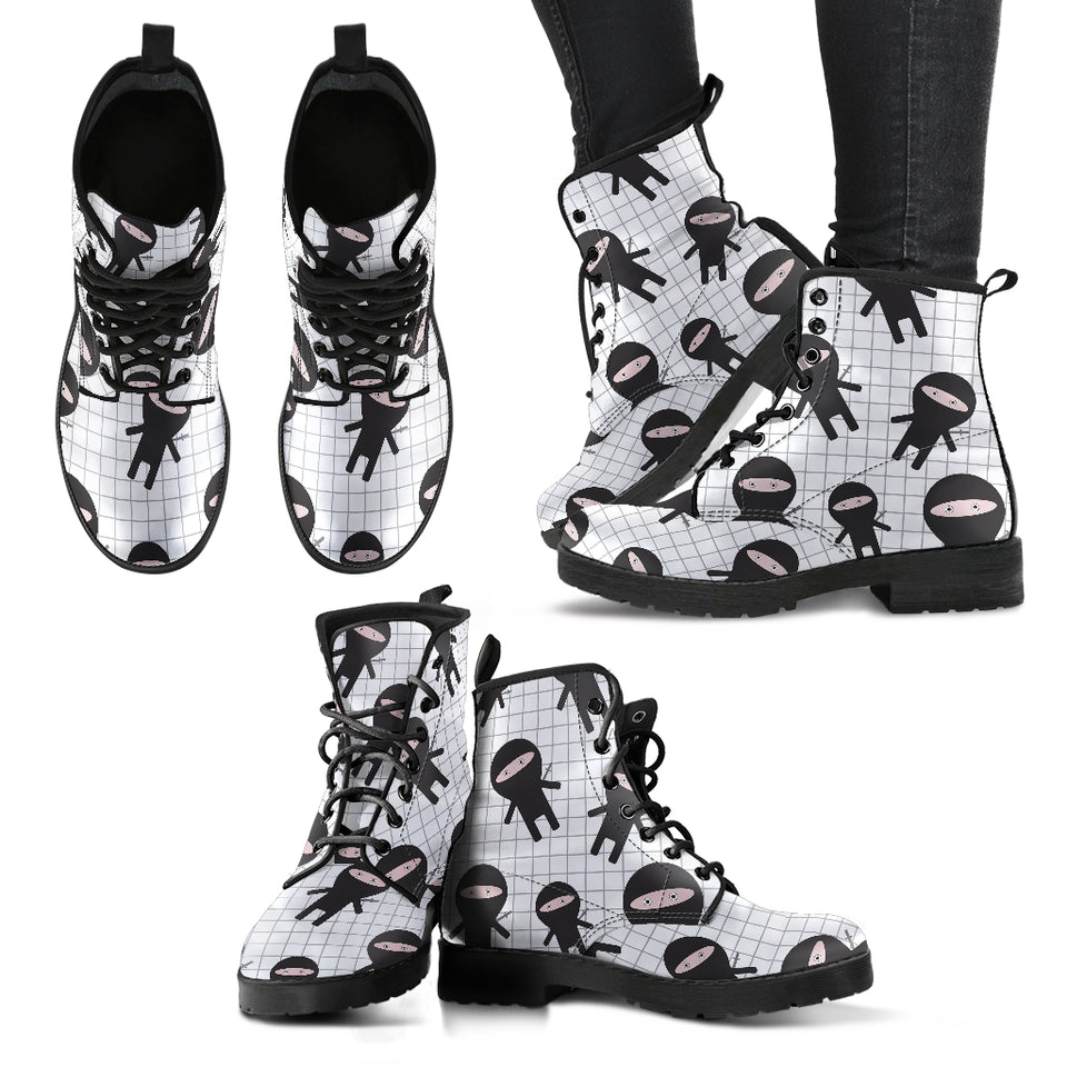 Ninja Pattern Plaid Background Leather Boots