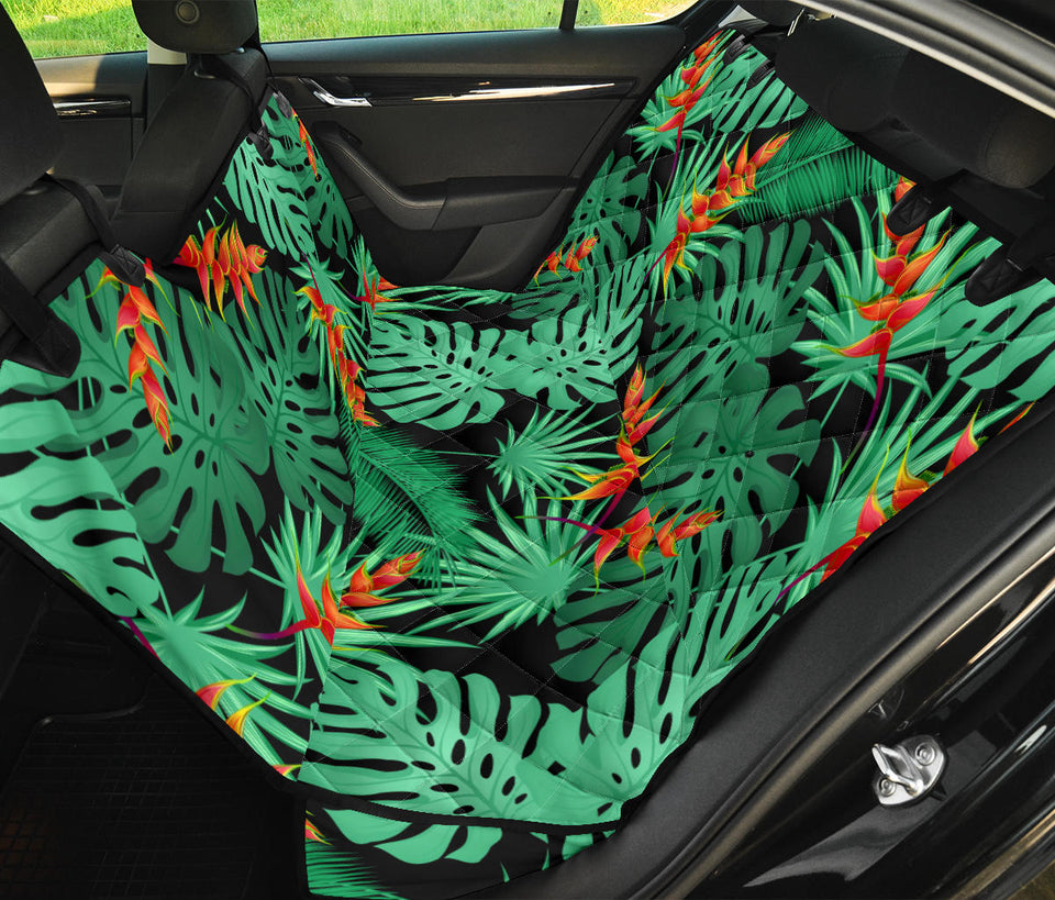 Heliconia Flower Palm Monstera Leaves Black Background Dog Car Seat Covers
