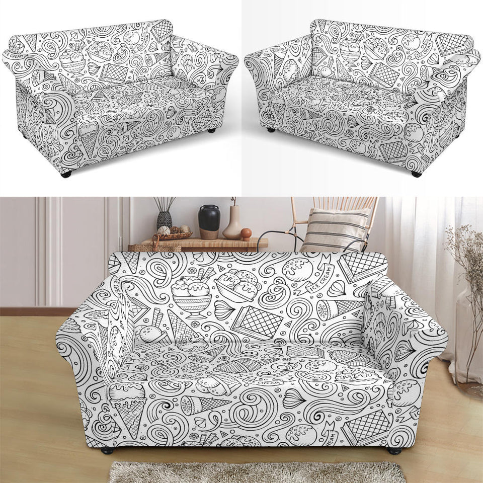Cartoon Hand Drawn Ice Cream Black White Loveseat Couch Slipcover