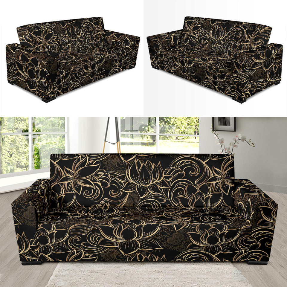 Luxurious Gold Lotus Waterlily Black Background Sofa Slipcover