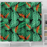 Heliconia Flower Palm Monstera Leaves Black Background Shower Curtain Fulfilled In US