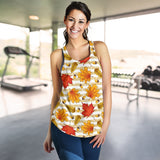 Maple leaf oak leaf acorns beige striped background Women Racerback Tank Top