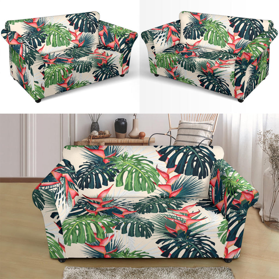 Heliconia Flowers, Palm And Monstera Leaves Loveseat Couch Slipcover