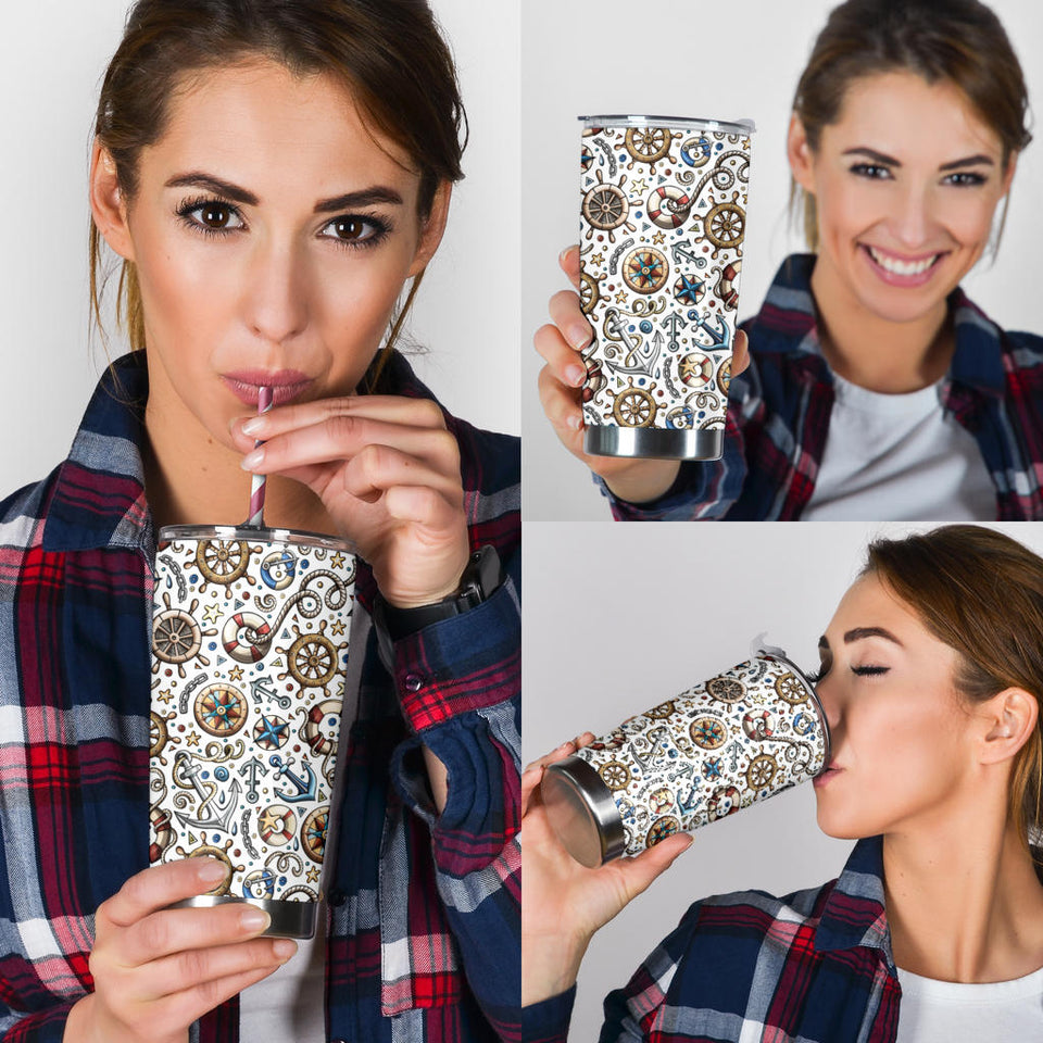 Cute Nautical Steering Wheel Anchor Pattern Tumbler