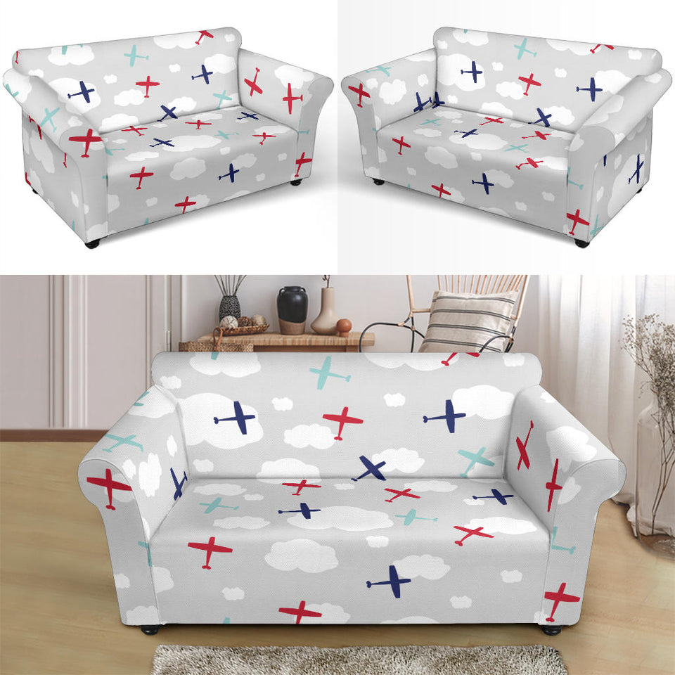 Airplane Cloud Grey Background Loveseat Couch Slipcover