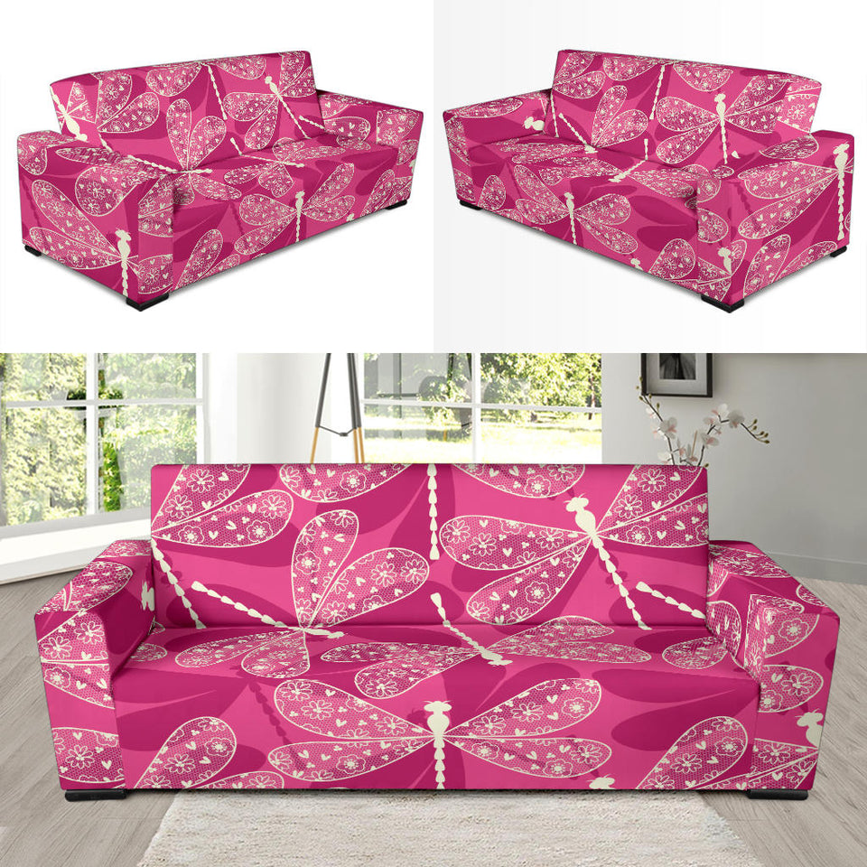 Beautiful Dragonfly Pink Background Sofa Slipcover