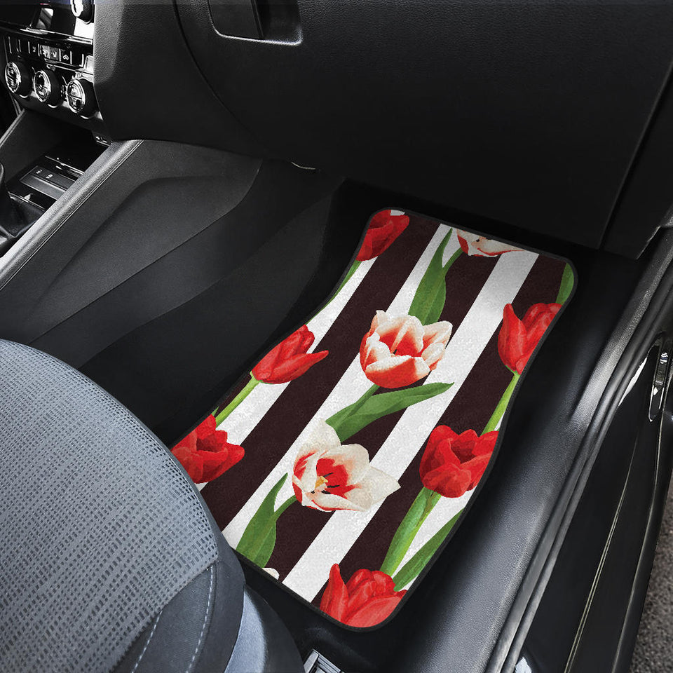 Red And White Tulips Pattern Front And Back Car Mats