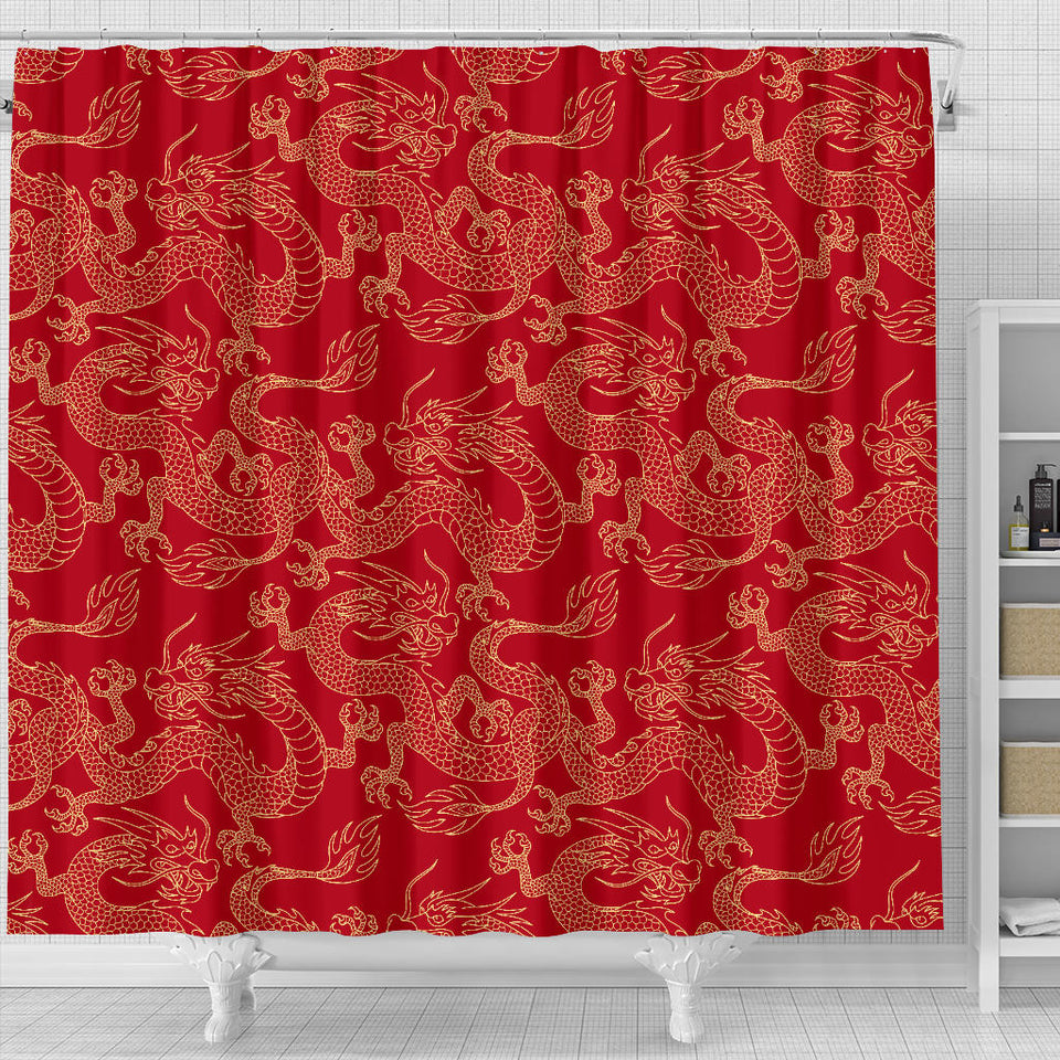 Gold Dragons Red Background Shower Curtain Fulfilled In US