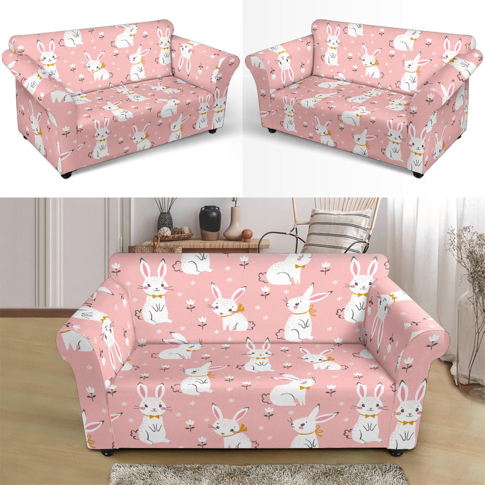 Cute White Rabbit Flower Pink Background Loveseat Couch Slipcover