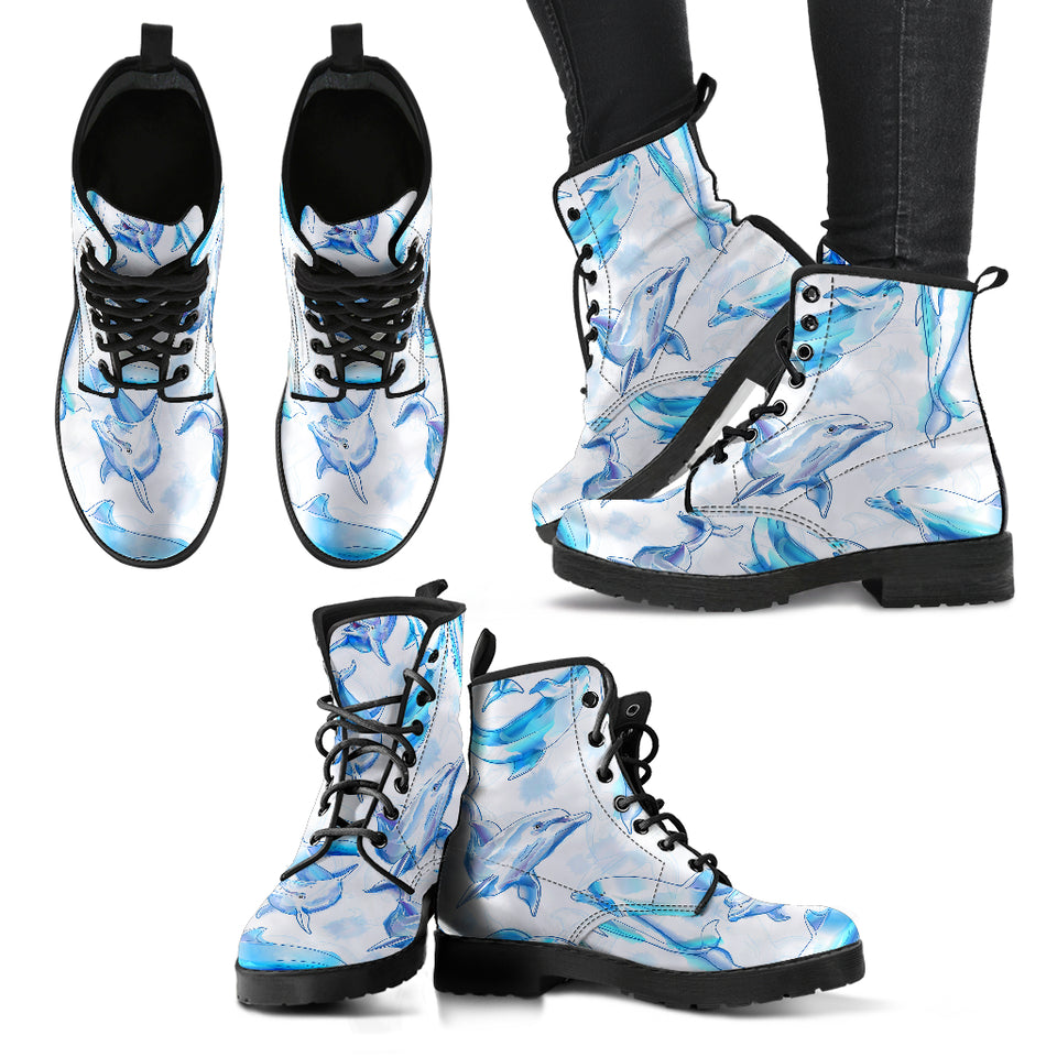 Watercolor Dolphin Pattern Leather Boots