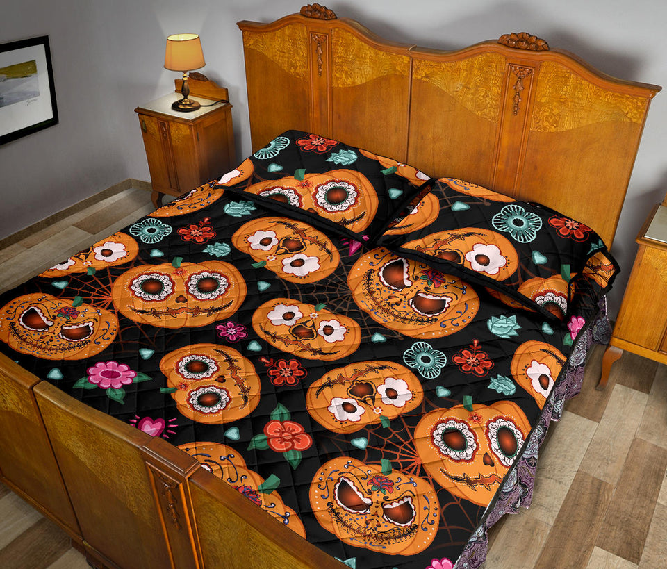 Pumpkin flowers spiderweb Halloween theme Quilt Bed Set