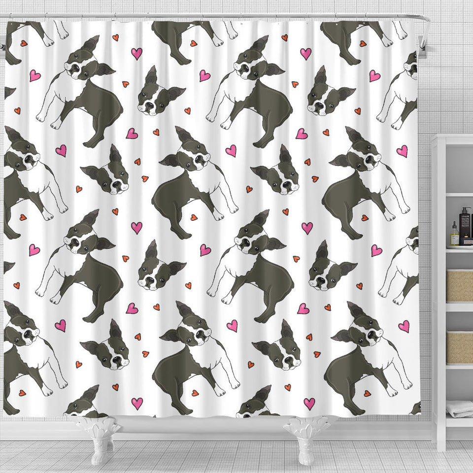 Boston Terrier Dog Hearts Vector Pattern Shower Curtain Fulfilled In US