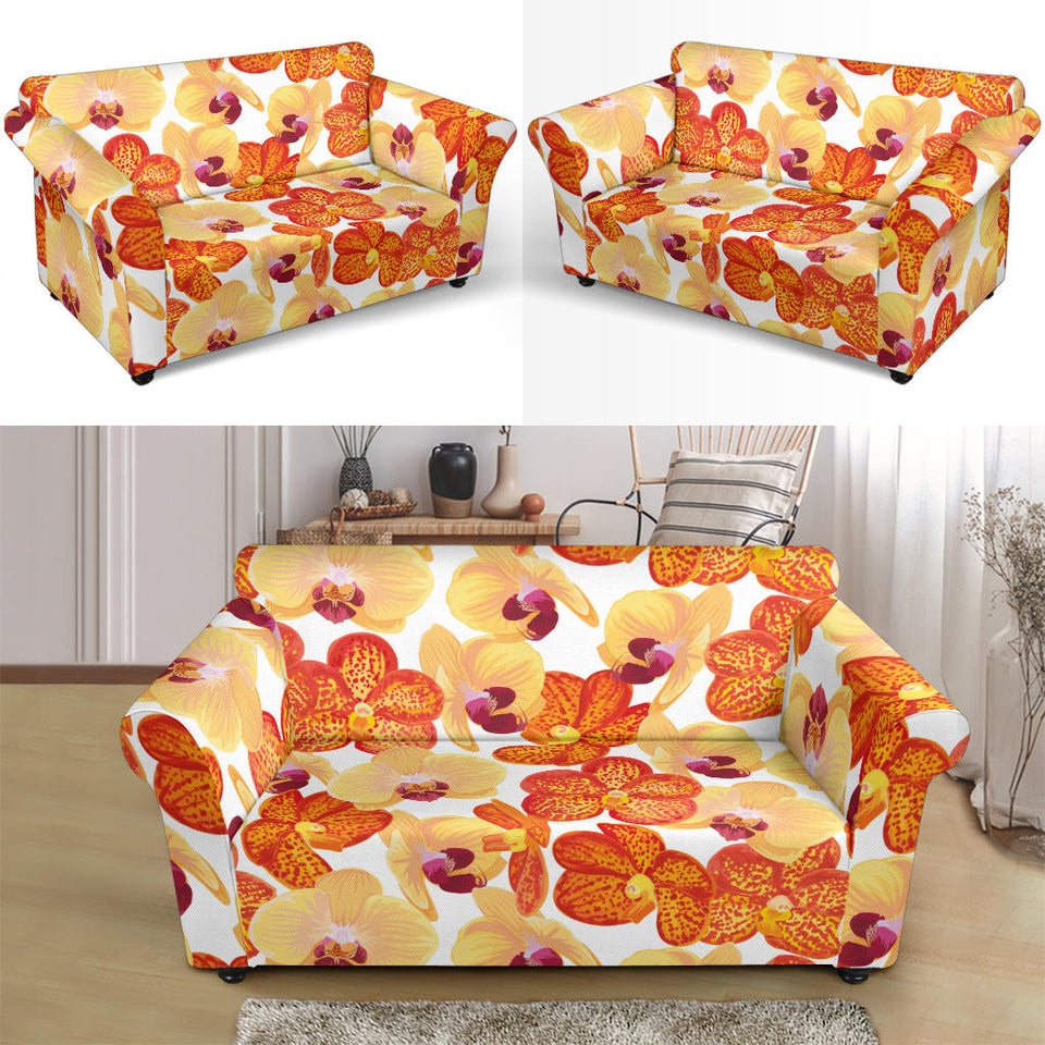 Orange Yellow Orchid Flower Pattern Background Loveseat Couch Slipcover