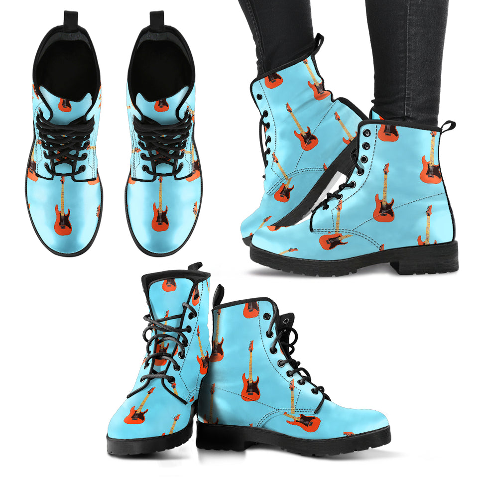 Electric Guitar Pattern Light Blue Background Leather Boots