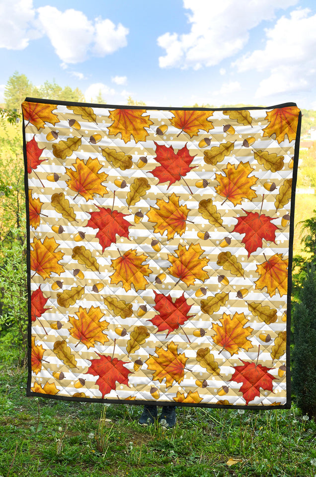 Maple Leaf Oak Leaf Acorns Beige Striped Background Premium Quilt