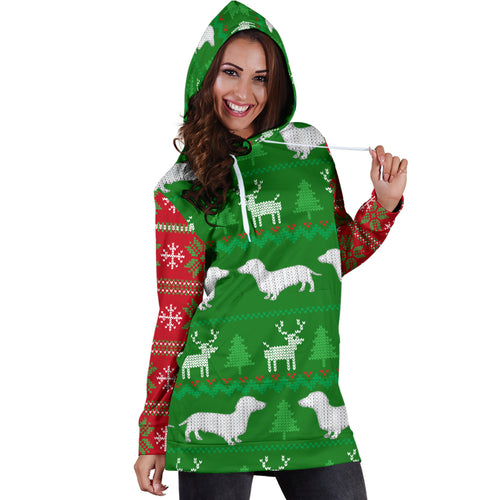 Ugly Christmas Sweater Hoodie Dress With Dachshunds