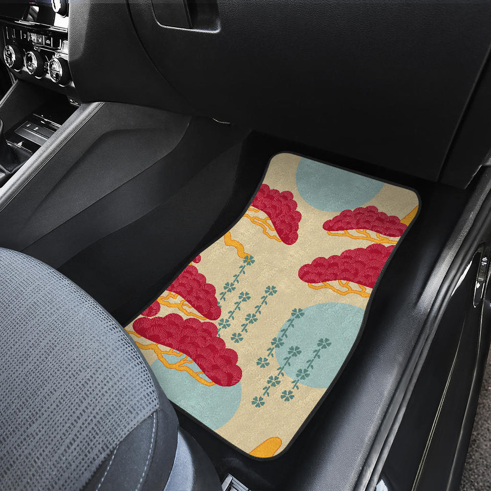 Red Bonsai Gray Sun Japanese Pattern Front And Back Car Mats