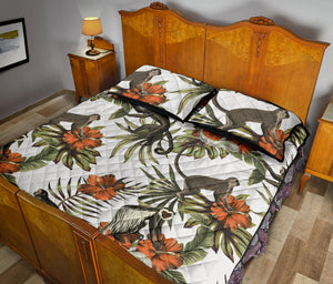 Monkey red hibiscus flower palm leaves floral pattern Quilt Bed Set