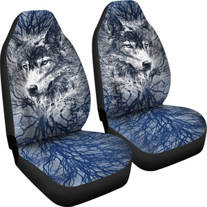 Wolf Behind Tree Car Seat Covers With Blue