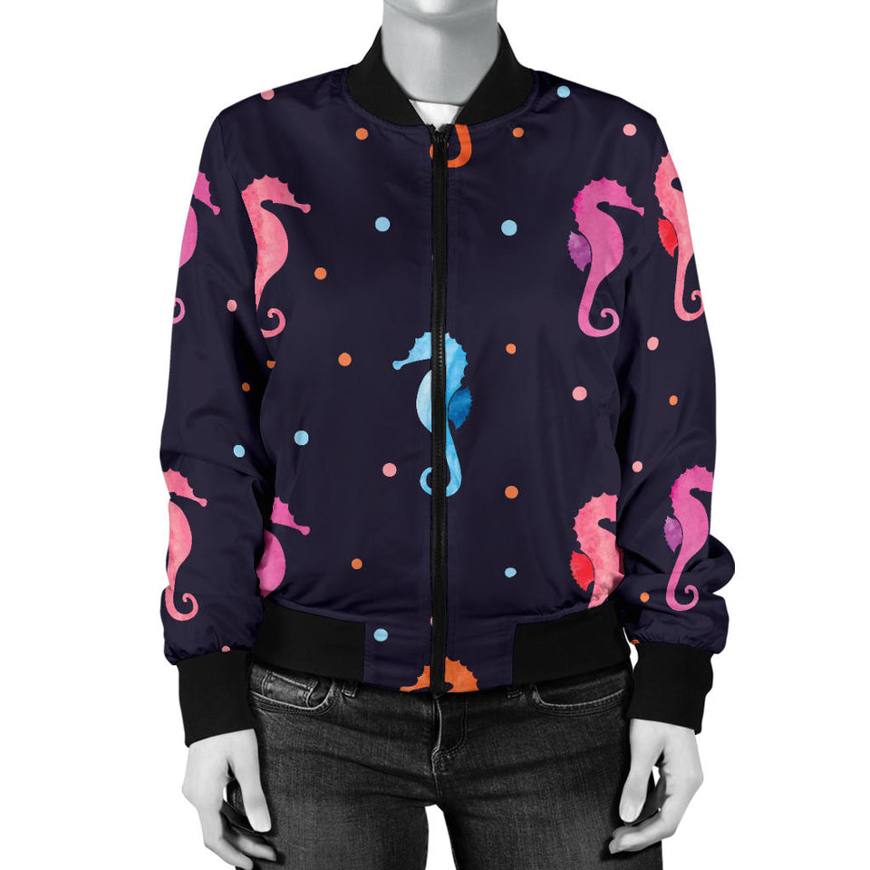 Watercolor Colorful Seahorse Pattern Women'S Bomber Jacket