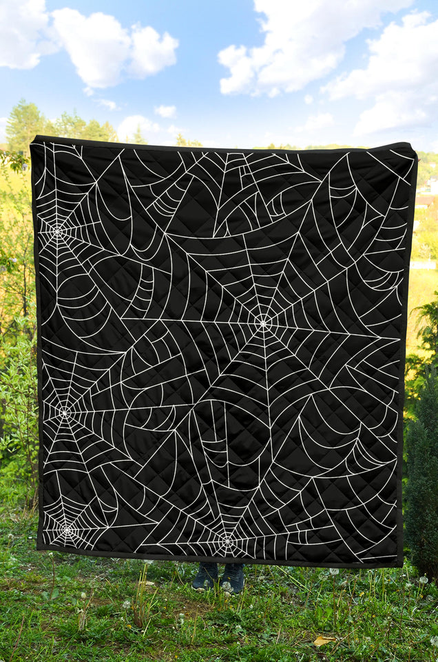 Spider Web Pattern Black Background White Cobweb Premium Quilt