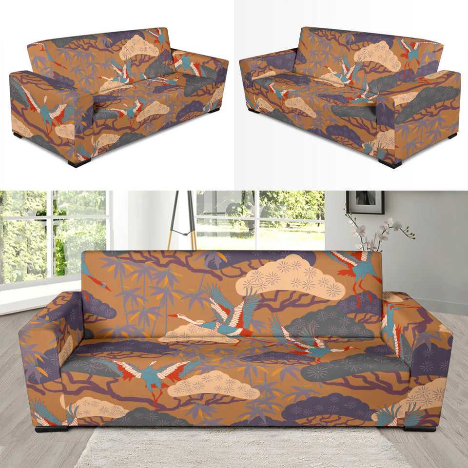 Bonsai Bamboo Stork Japanese Pattern Brown Theme Sofa Slipcover