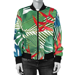 Heliconia Palm And Monstera  Leaves Pattern Women'S Bomber Jacket