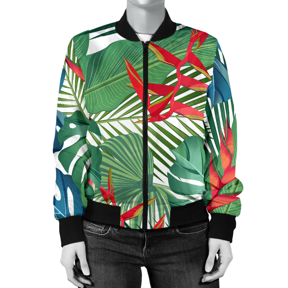 Heliconia Palm And Monstera  Leaves Pattern Women'S Bomber Jacket