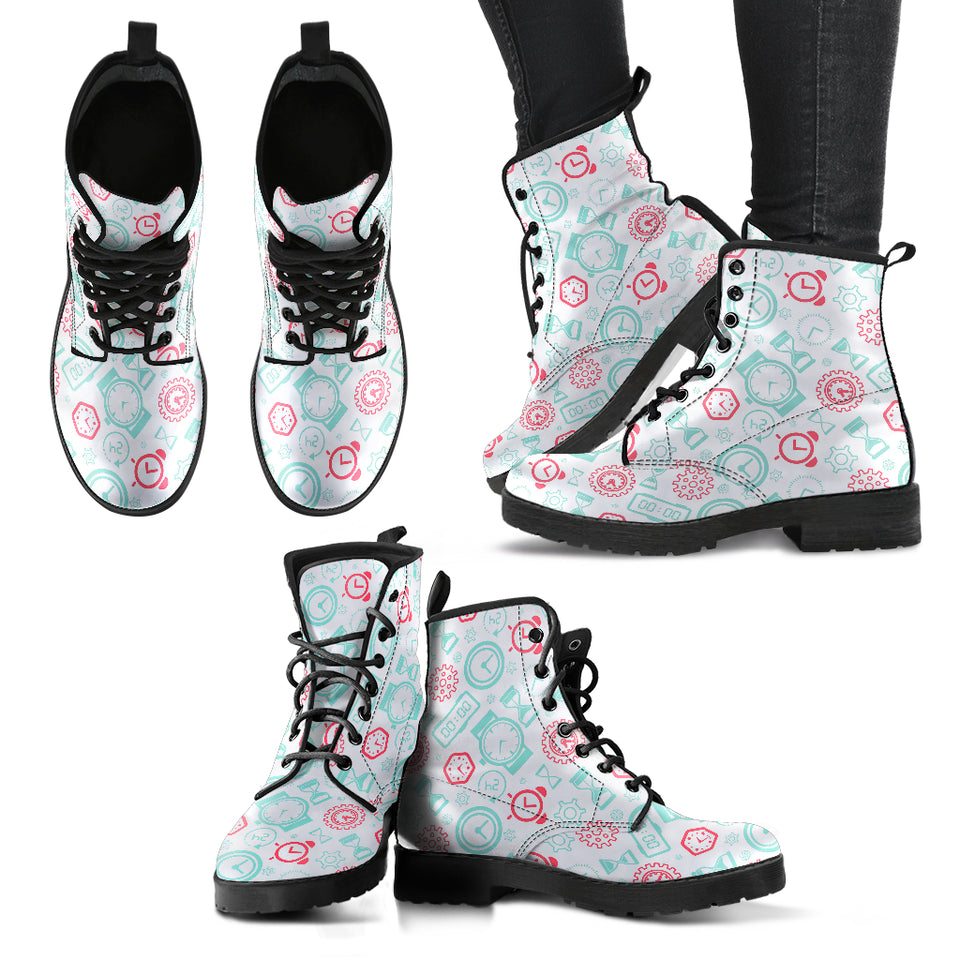 Clock Time Pattern Blackground Leather Boots