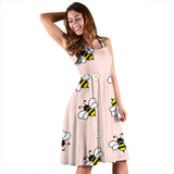 Cute Bee Flower Pattern Pink Background Sleeveless Midi Dress