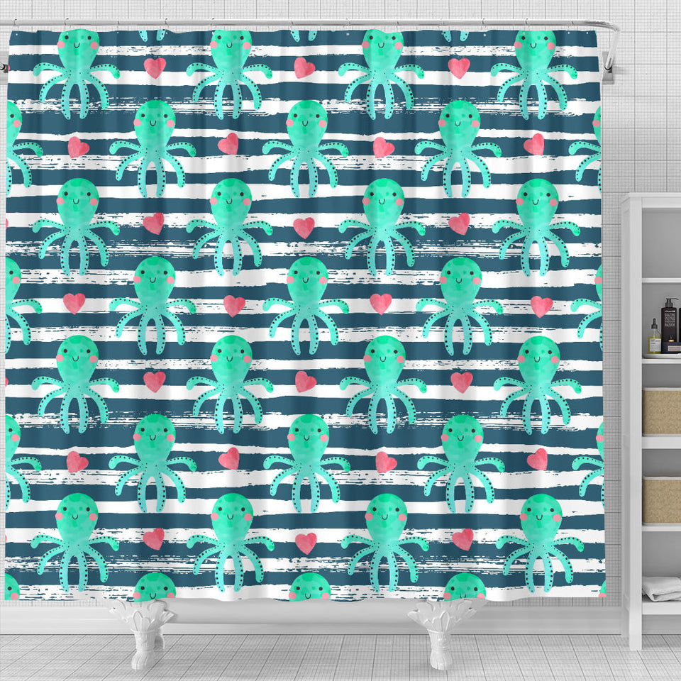 Cute Octopuses Heart Striped Background Shower Curtain Fulfilled In US