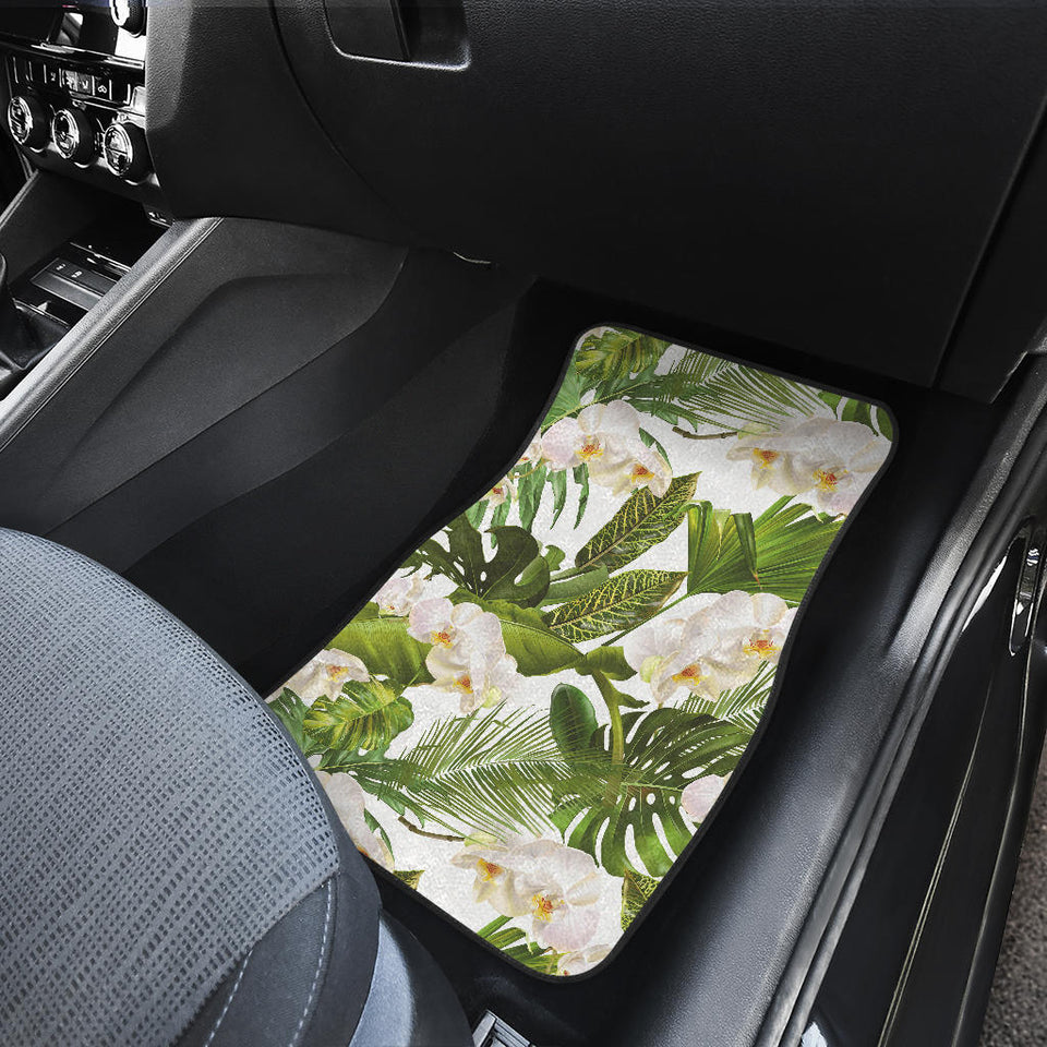 White Orchid Flower Tropical Leaves Pattern Front And Back Car Mats