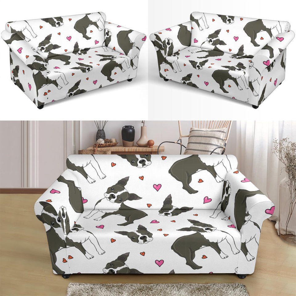 Boston Terrier Dog Hearts Vector Pattern Loveseat Couch Slipcover