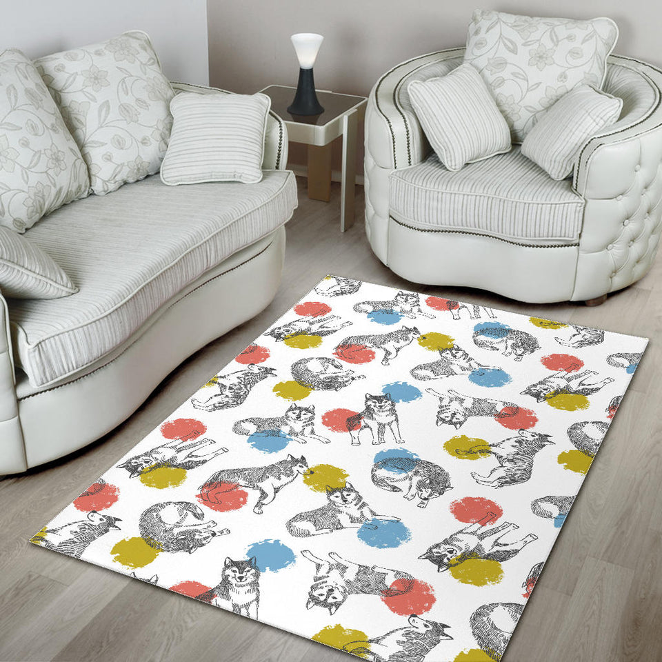 Siberian Husky And Colorful Circle Pattern Area Rug