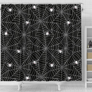 Spider Web Design Pattern Black Background White Cobweb Shower Curtain Fulfilled In US