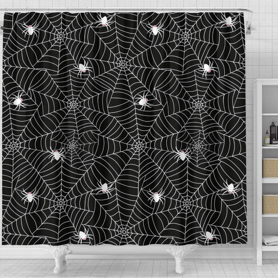 Spider Web Design Pattern Black Background White Cobweb Shower Curtain Fulfilled In US