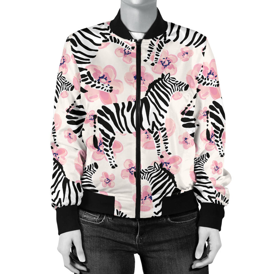 Zebra Pink Flower Background Women'S Bomber Jacket