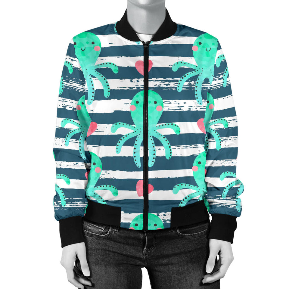 Cute Octopuses Heart Striped Background Women'S Bomber Jacket