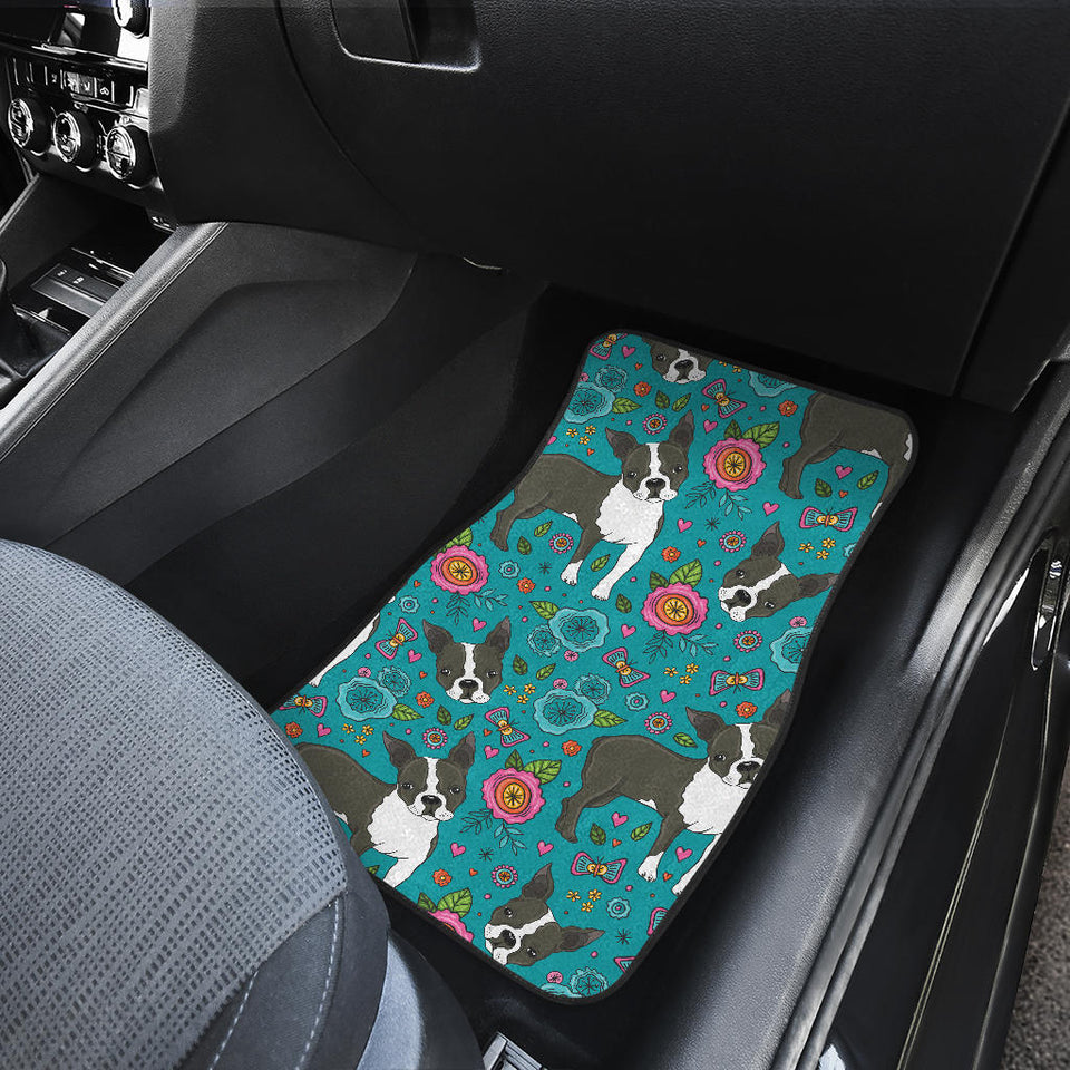 Boston Terrier Beautiful Flower Pattern Front And Back Car Mats