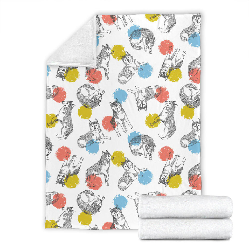 Siberian Husky And Colorful Circle Pattern Premium Blanket